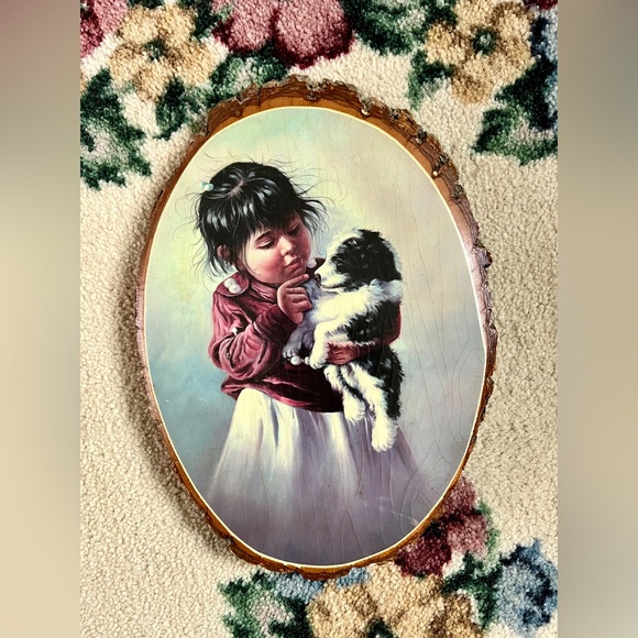 Vintage decoupage girl and her dog wooden wall hanging wall decor - Picture 1 of 6